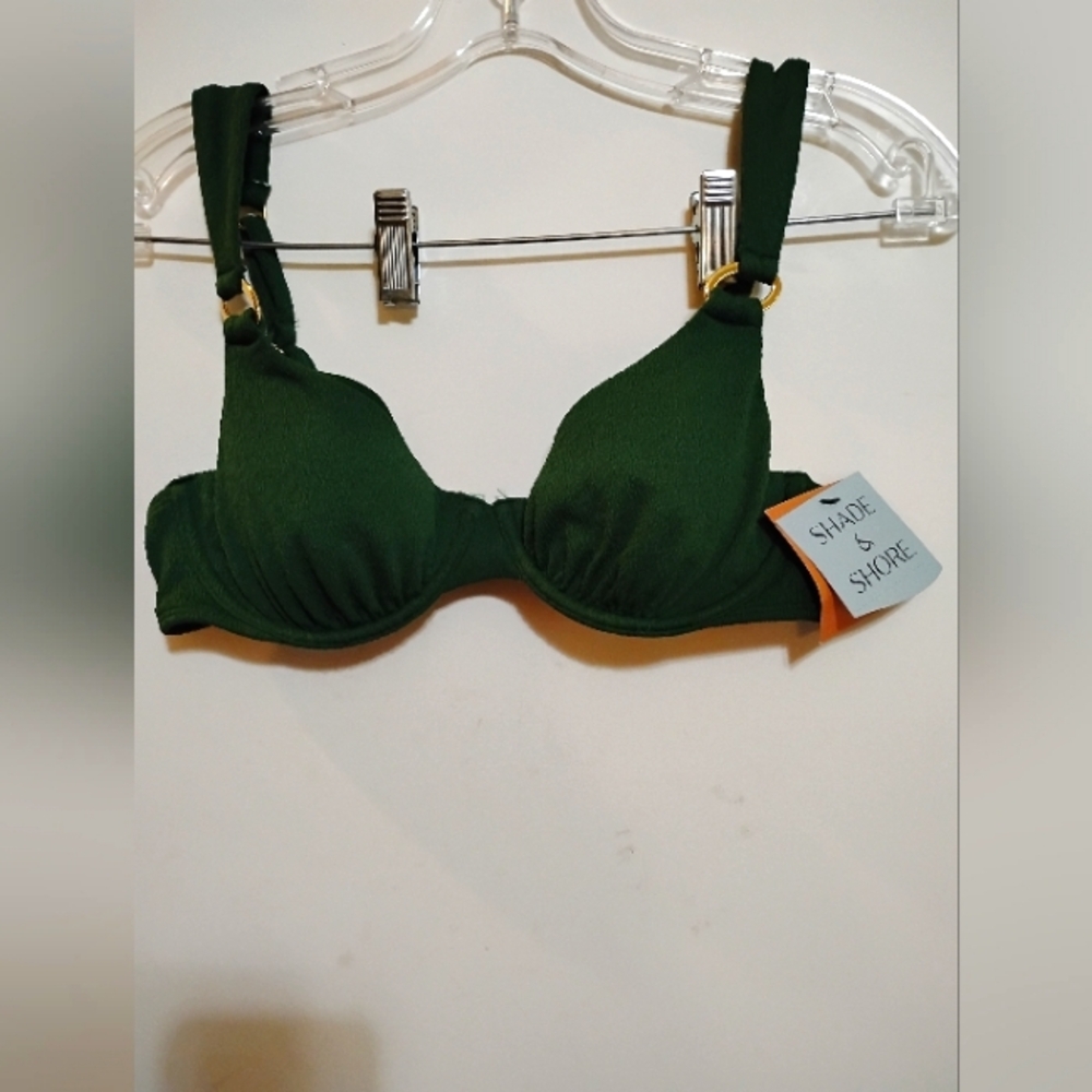 Shade & Shore Green Underwire Swimsuit Bra Removable Pads 32D Adjustable Straps
